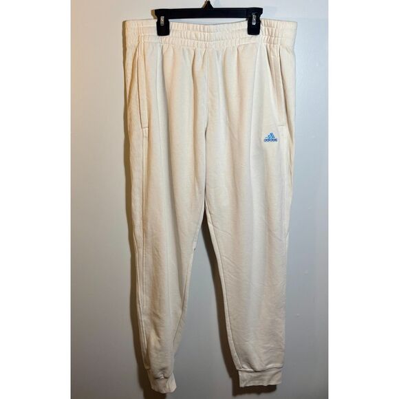 Adidas Cream Joggers Men’s Size L • Light Beige Sweatpants • Blue Logo - Picture 1 of 4